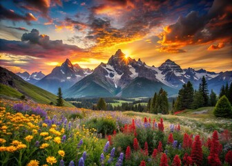 Obraz premium Majestic Snowcapped Peaks Over a Vibrant Wildflower Valley at Dusk