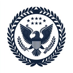 A stylized emblem featuring an eagle with a shield, flanked by olive branches, surrounded by stars and a laurel wreath, symbolizing power and authority.