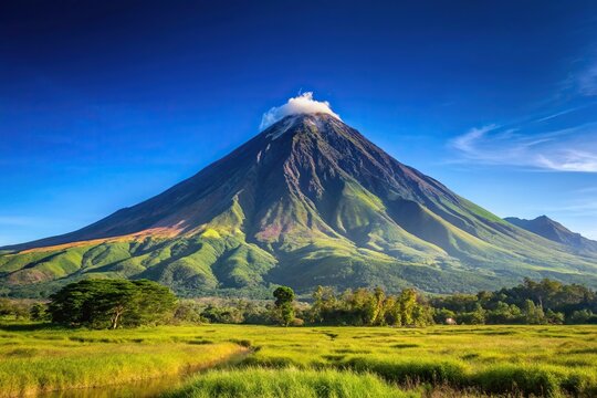 Mountain peak of Mount Apo against a clear blue sky at sunrise