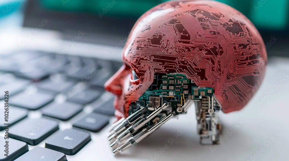 Fototapete image features futuristic representation of robotic skull with intricate circuit patterns, symbolizing integration of technology and artificial intelligence. This striking visual evokes thoughts
