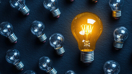 bright lightbulb stands out among a cluster of dark, unlit bulbs, symbolizing hope, creativity, and the power of individuality amidst a backdrop of conformity and despair