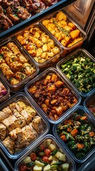 Obraz premium Multiple meal prep boxes arranged in a refrigerator, showcasing a week's worth of prepared meals