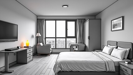 Bright hostel room with bunk beds and large windows showcasing a view of nature