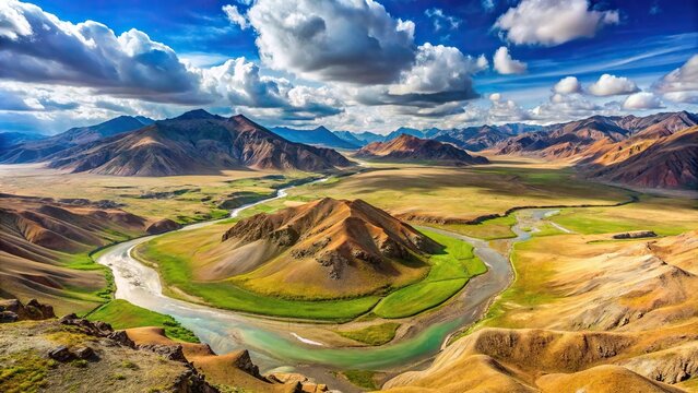 Mountain plateau landscape with Zavkhan River aerial view