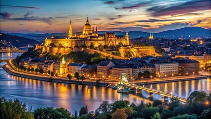 Night panorama of Budapest with Buda Castle illuminated reflected in Danube river