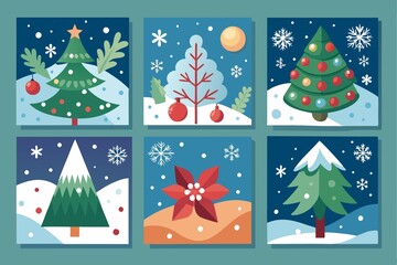 Merry Christmas, snowflakes, holly berries by Christmas trees, set of Christmas cards for your design, winter vector illustration.