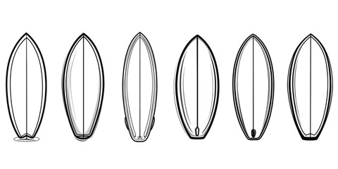 set of several vector surfboard outlines on a white background for coloring