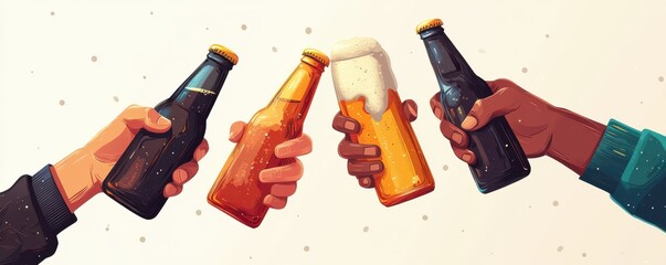 Three hands holding beer bottles clinking together in celebration with colorful background and variety of drink colors and foam. Casual and festive gathering illustrating unity and friendship.