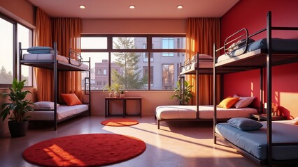 Bright hostel room with bunk beds and large windows showcasing a view of nature