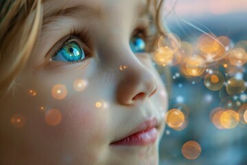 Child's wonder with blue eyes and sparkling bokeh lights