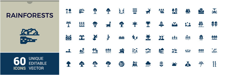Set of solid rainforest Icons. Simple filled style icons pack. Related to tree, floral, animal, garden and more. Editable flat icon collection, Pixel perfect.