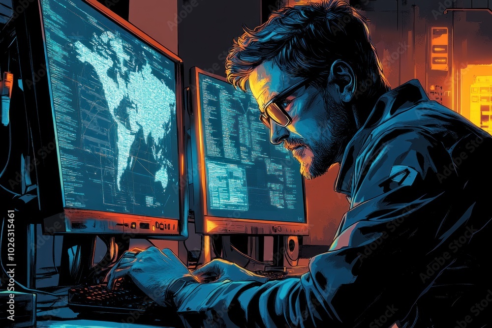 Poster a man in glasses sits at a computer desk, working on a project with a world map on the screen.