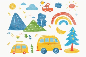 Naklejka premium Colorful nature and travel doodles with cars and trees