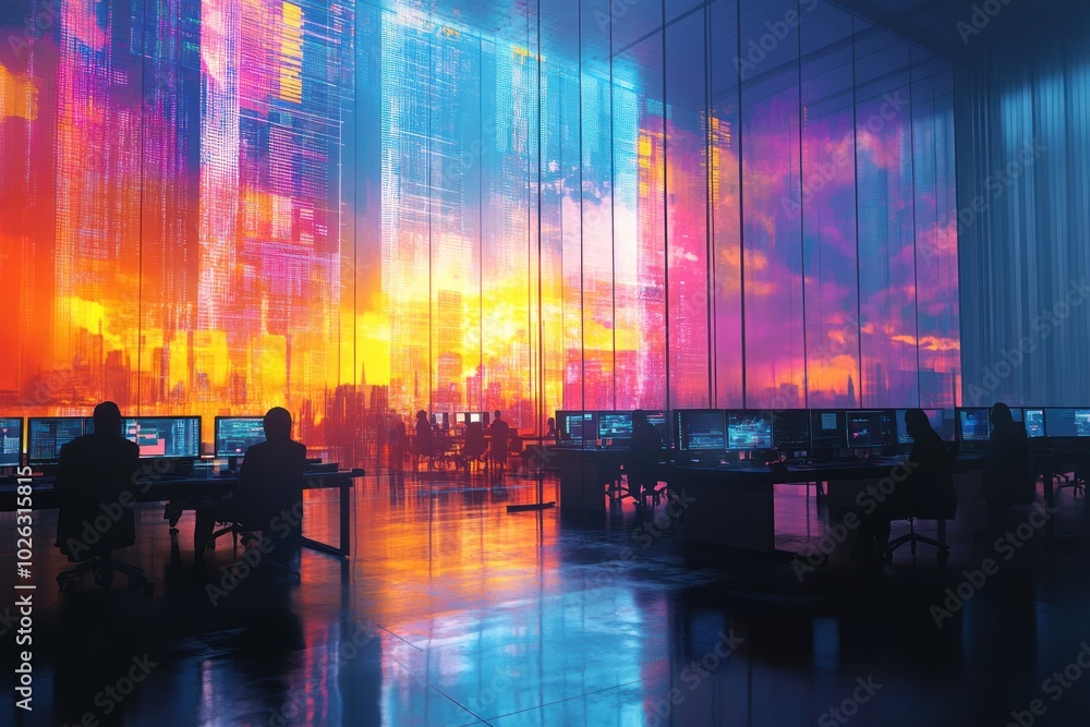 Poster silhouetted figures working at computer desks in a futuristic office with a large window showcasing 
