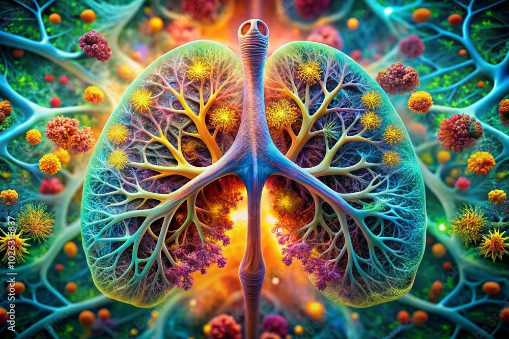 Poster detailed microscopic view of lung tissue highlighting cellular structures and respiratory function f