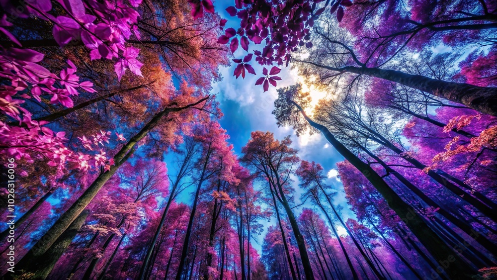 Wall mural mystical forest with purple leaves and dark blue sky