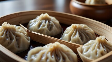 Steamed xiao long bao with soup and pork meat inside. Steamed baozi, Asian soup dumplings. Traditional Chinese soup dumplings. Taiwanese famous gourmet.