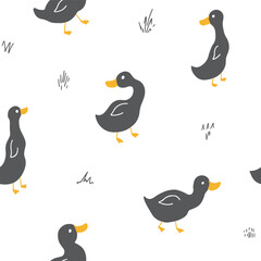 Cute Cartoon Duck Seamless Pattern, Vector Illustration Background