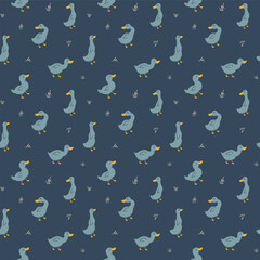 Cute Cartoon Duck Seamless Pattern, Vector Illustration Background