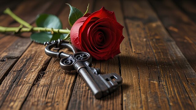 Red rose and key on a wooden table, romance and love concept.