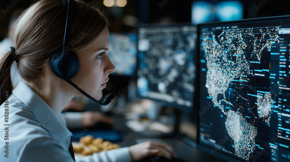 Poster focused female professional wearing headset analyzes data on multiple screens, showcasing high tech environment. Her concentration reflects importance of her work in data analysis and monitoring