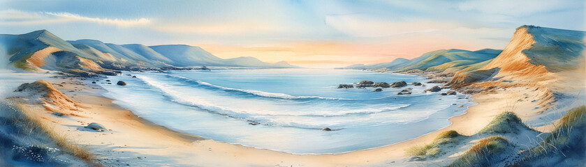 Fototapeta premium Serene coastal view at sunset, with gentle waves lapping the sandy shore