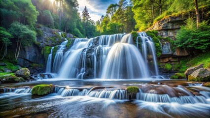 Mountain river waterfall close-up in forest
