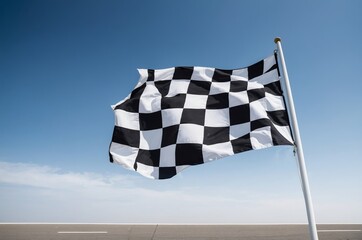 Fototapeta premium Checkered flag waving in blue sky symbolizing victory