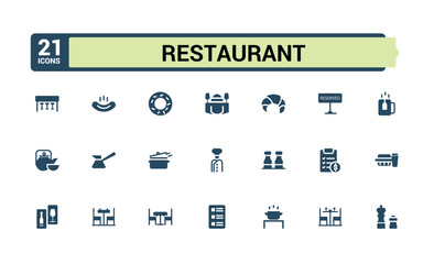 Set of solid Restaurant icons. Containing cooking, menu, dining and dinner flat icon collection. Editable filled symbol pack. Pixel perfect.