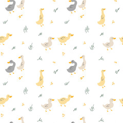 Cute Cartoon Duck Seamless Pattern, Vector Illustration Background