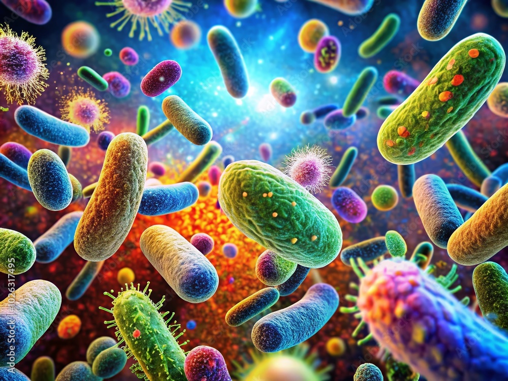 Poster detailed view of prokaryote under microscope: exploring bacteria and archaea structure in scientific