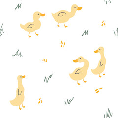 Cute Cartoon Duck Seamless Pattern, Vector Illustration Background