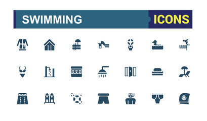 Swimming and pool solid icons set. Related to summer, swimsuit, cap, glasses, swim And more, Editable filled icon collection. Pixel perfect.