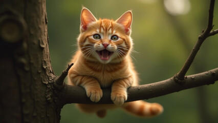 Funny ginger cat hanging on tree branch. Banner.