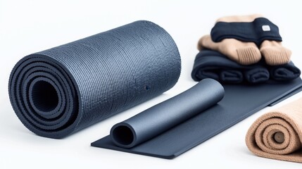 Rolled up blue yoga mat with other yoga accessories including folded towels and socks on a light background.