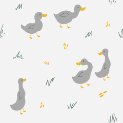 Cute Cartoon Duck Seamless Pattern, Vector Illustration Background