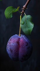 Single purple plum with dew drops hanging from a branch. Macro shot of fresh plum fruit and leaves.