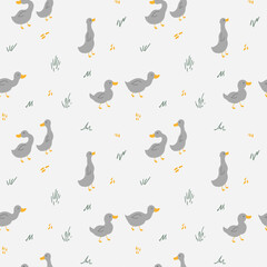 Cute Cartoon Duck Seamless Pattern, Vector Illustration Background
