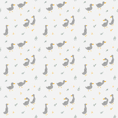 Cute Cartoon Duck Seamless Pattern, Vector Illustration Background