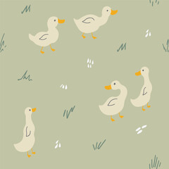 Cute Cartoon Duck Seamless Pattern, Vector Illustration Background