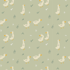 Cute Cartoon Duck Seamless Pattern, Vector Illustration Background