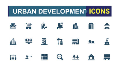 Urban development solid style icons bundel. Related to building, constraction, hospital, fountain, cityscape, company and more. Editable filled icon collection. Pixel perfect.