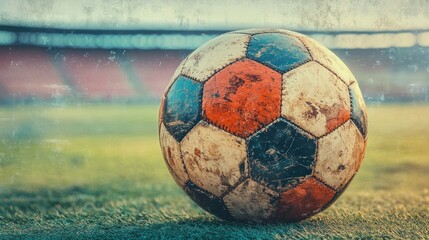 A worn, muddy soccer ball sits on a green field with a stadium in the background.