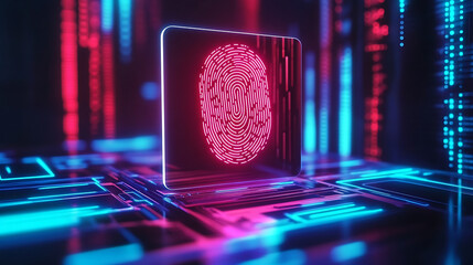 A fingerprint scanner against a smooth neon background emphasizing the importance of protecting personal data in the digital age