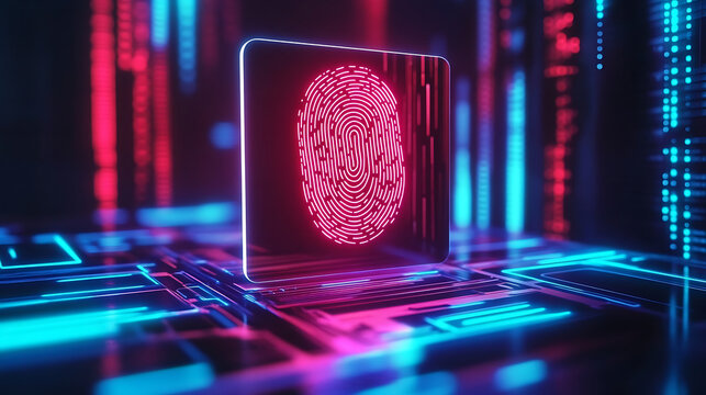 A fingerprint scanner against a smooth neon background emphasizing the importance of protecting personal data in the digital age