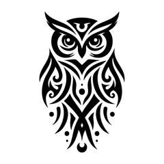 Obraz premium An owl silhouette in tribal tattoo style, showcasing bold lines and intricate patterns. This symmetrical design captures the powerful spirit of the owl. Ideal for tattoo and tribal art themes.