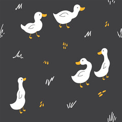 Cute Cartoon Duck Seamless Pattern, Vector Illustration Background
