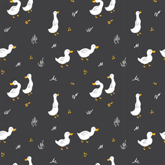 Cute Cartoon Duck Seamless Pattern, Vector Illustration Background