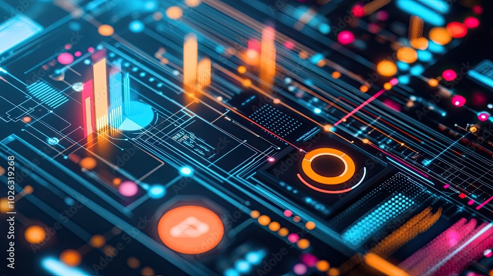 Poster abstract futuristic interface with neon lights and data visualizations
