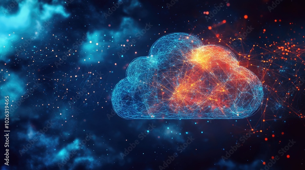 Poster abstract cloud shape constructed of connected lines and dots